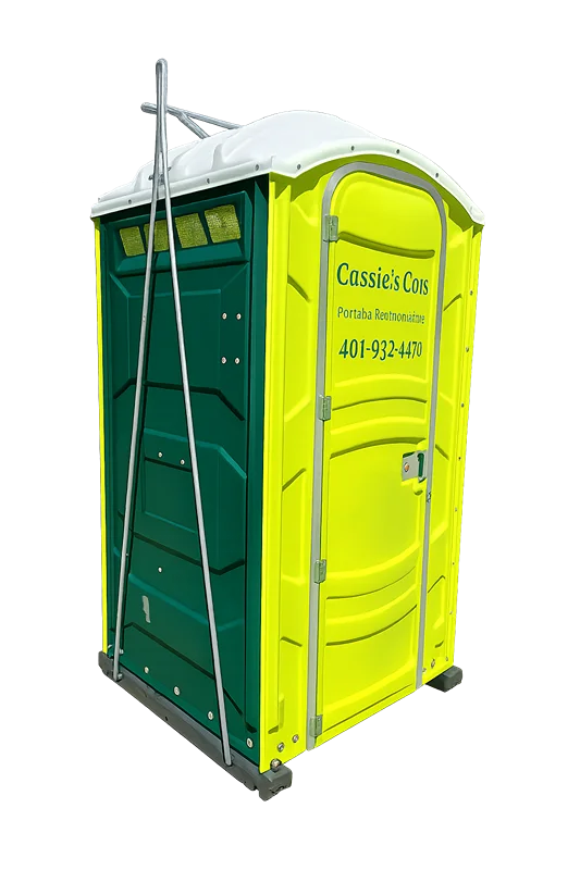 "A portable restroom with a bright lime-green front door, dark green side panels, and a white roof. The unit is equipped with a heavy-duty metal lifting harness extending from the base over the roof for secure crane transport. The front door displays the company name 'Cassie's Cans,' the text 'Portable Restroom Service,' and the phone number '401-932-4470' in dark green lettering.