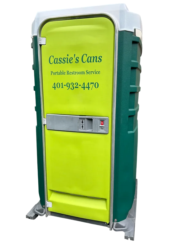 A premium portable restroom with a bright lime-green front door, dark green side panels, and a white roof. The front door features a distinct grey horizontal latch and lock mechanism across the center and displays the company name 'Cassie's Cans,' the text 'Portable Restroom Service,' and the phone number '401-932-4470' in dark green lettering.