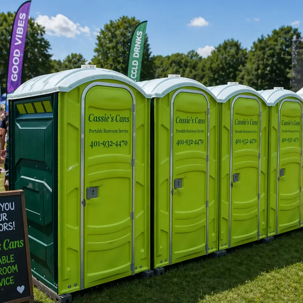 A row of four bright lime-green portable toilets with white roofs, branded with "Cassie's Cans Portable Restroom Service" and a Rhode Island area code (401). They are lined up on a grassy field under a clear blue sky, with event flags and trees in the background.