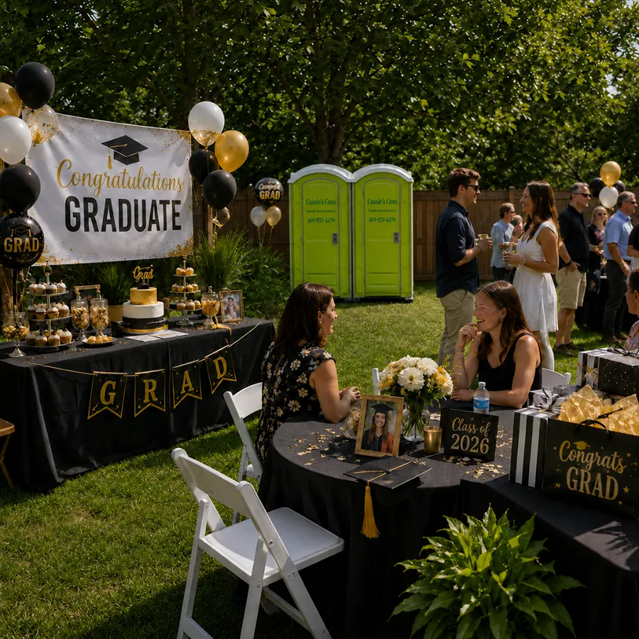 Graduation Party with decorations and guests and porta potties in the background