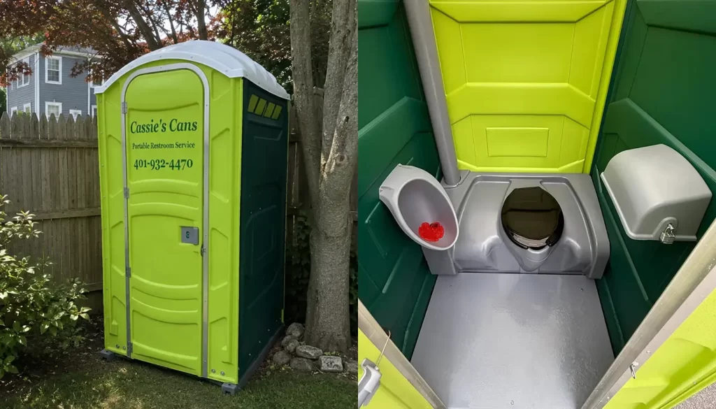 Bright green Standard portable toilet exterior and interior